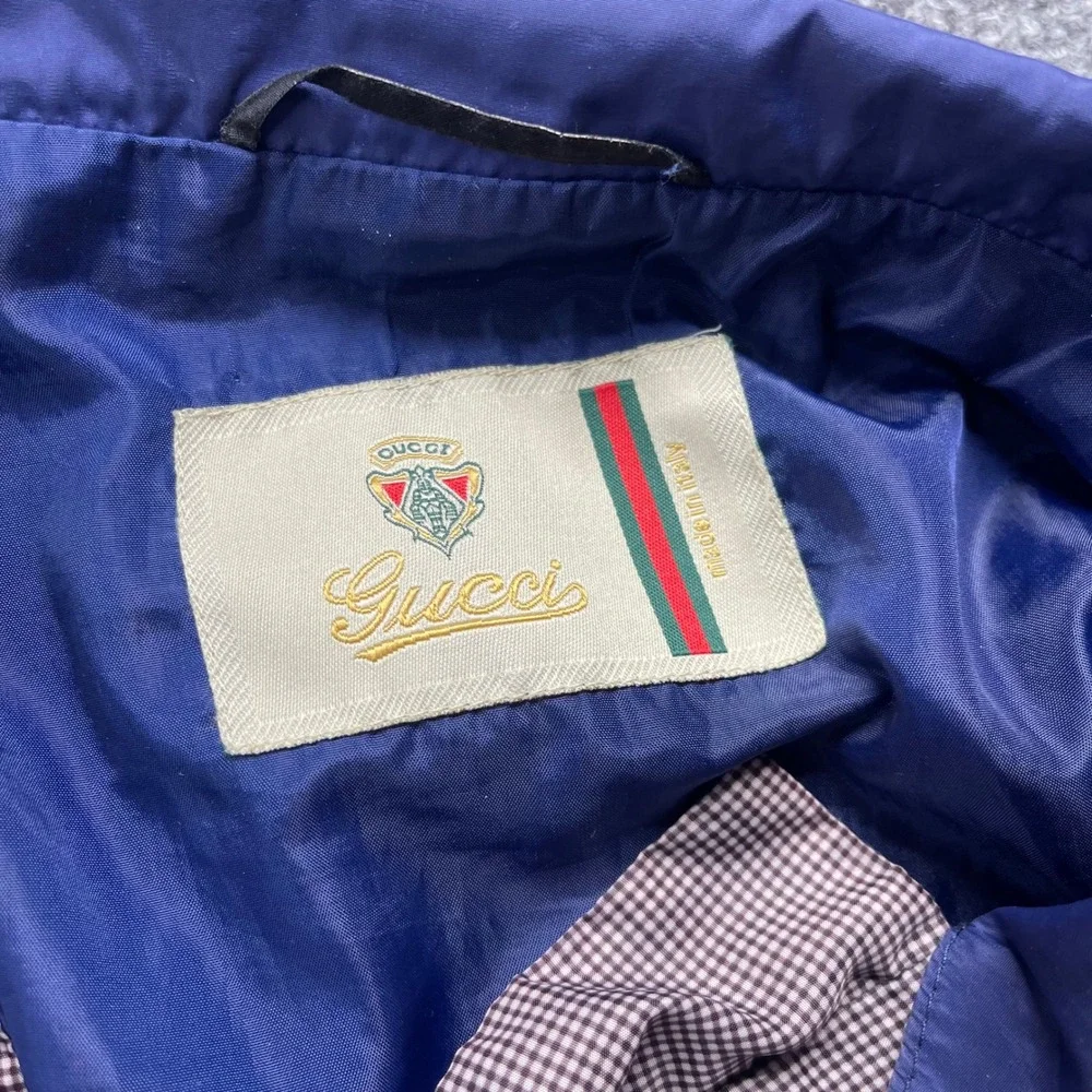 Gucci Vintage Micro Check Bomber Jacket Men Brown Blue Striped Hem Made in Italy